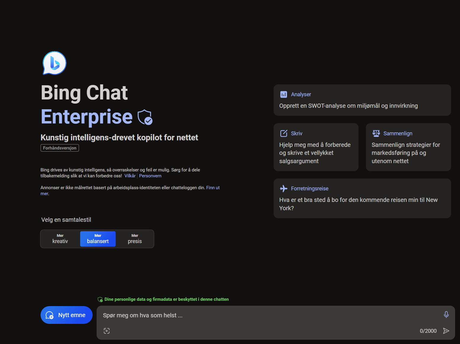 Bing Chat Enterprise - fra Microsoft